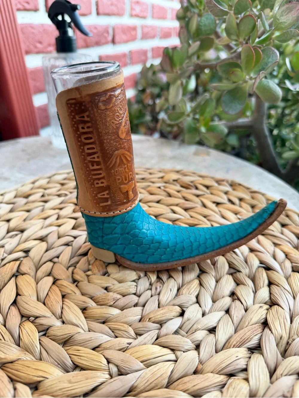 Blue Leather Boot shot glass, handmade.
